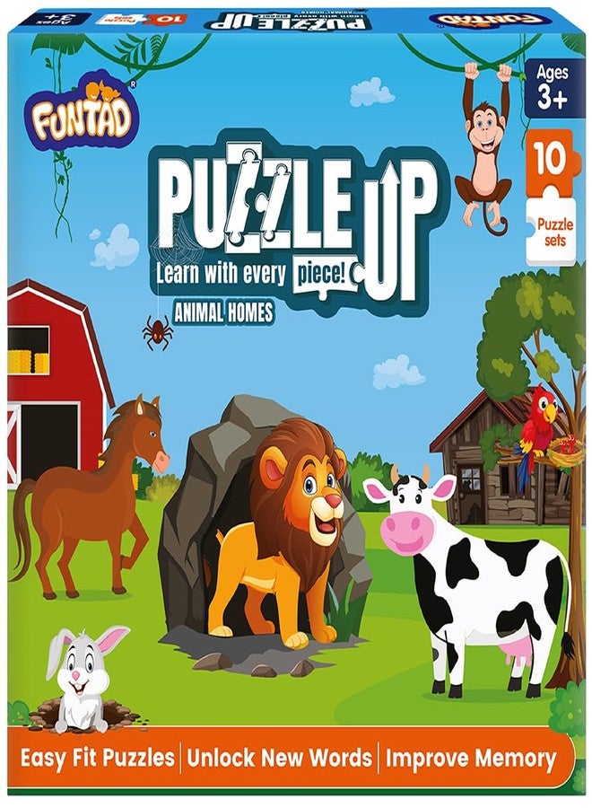 Funtad Kids Puzzleup Learn Animal Homes,10-In-1 Entry Level Puzzle,45 Big Size Jigsaw Pieces,Montessori Educational Toy To Improve Memory & Unlock New Words,Gift For Boys & Girls Age 3,4 & 5 Yrs - Image 1